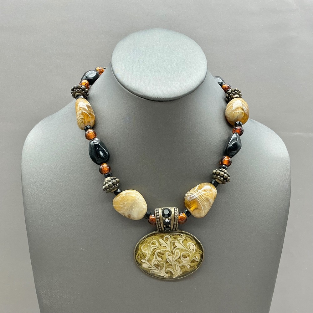 Chicos Necklace Womens Brown Black Swirl Pendant Chunky Beaded Statement Jewelry